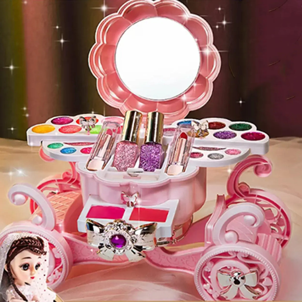 Plastic Carriage Pink Storage Kids Vanity Set with Mirror Image - 4