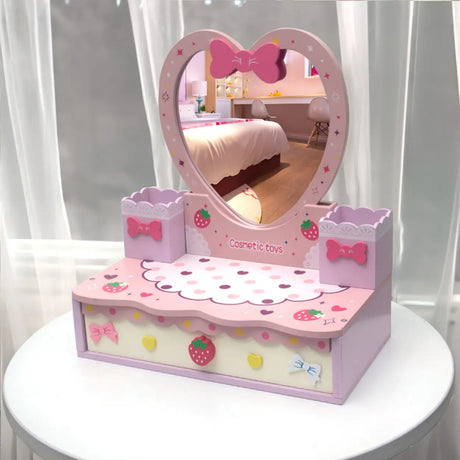 Portable Princess Wooden Drawer Heart Mirror Vanity Set Image - 1