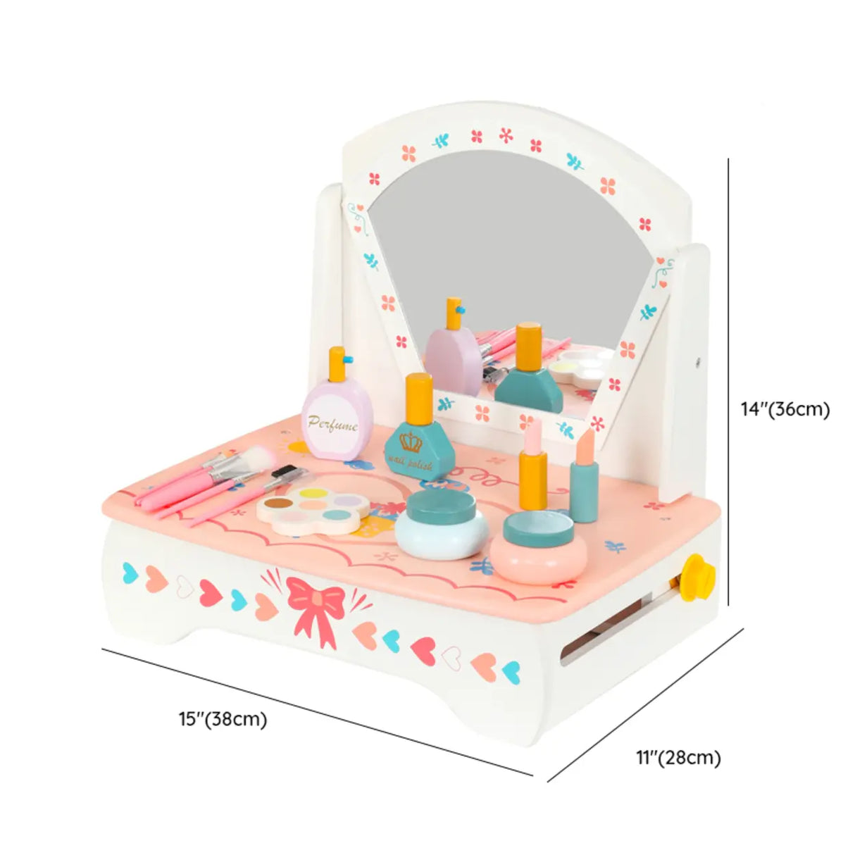 Portable Princess Wooden Drawer Heart Mirror Vanity Set Image - 10