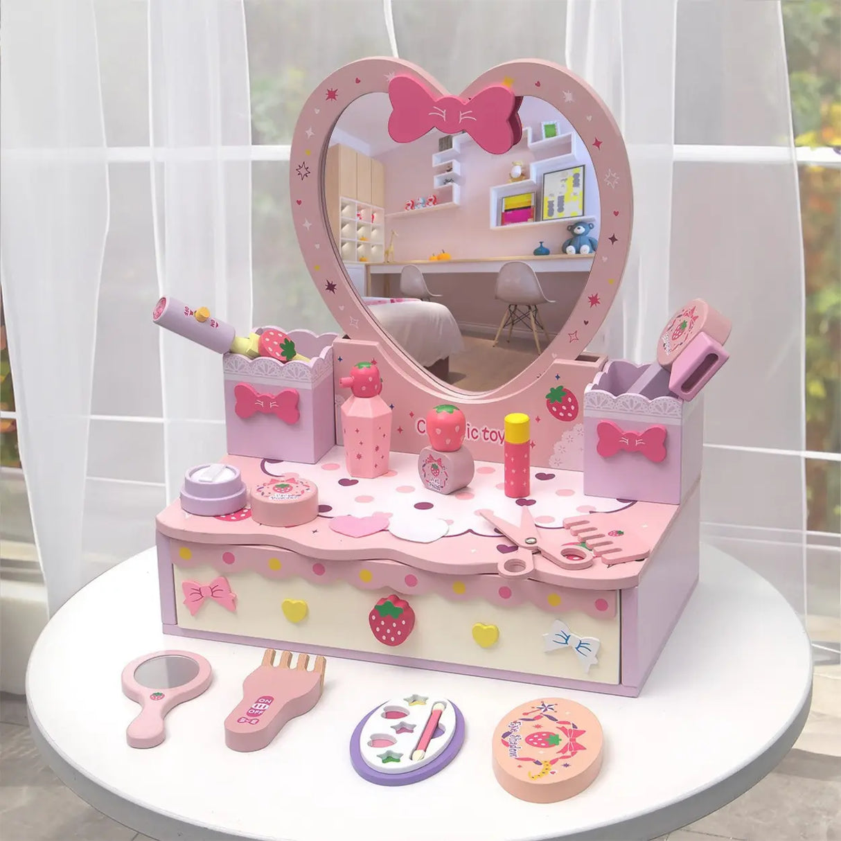 Portable Princess Wooden Drawer Heart Mirror Vanity Set Image - 3