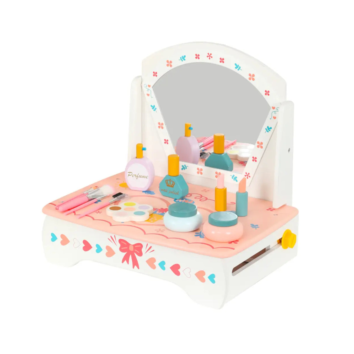 Portable Princess Wooden Drawer Heart Mirror Vanity Set Image - 4