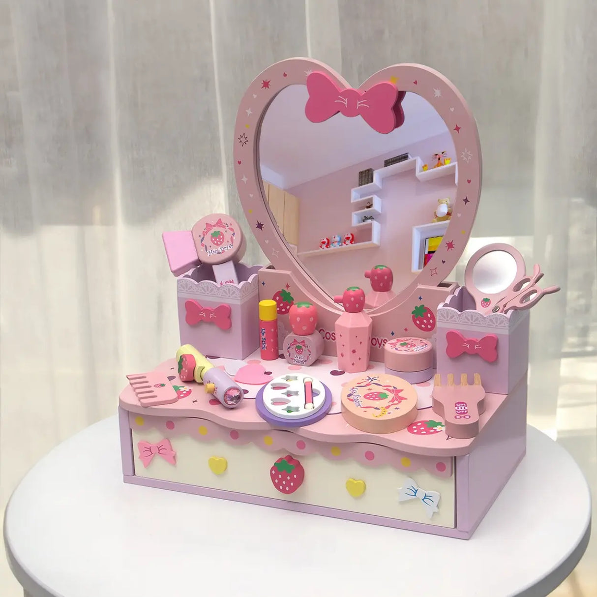 Portable Princess Wooden Drawer Heart Mirror Vanity Set Image - 5