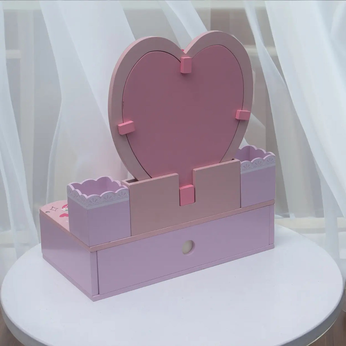 Portable Princess Wooden Drawer Heart Mirror Vanity Set Image - 6