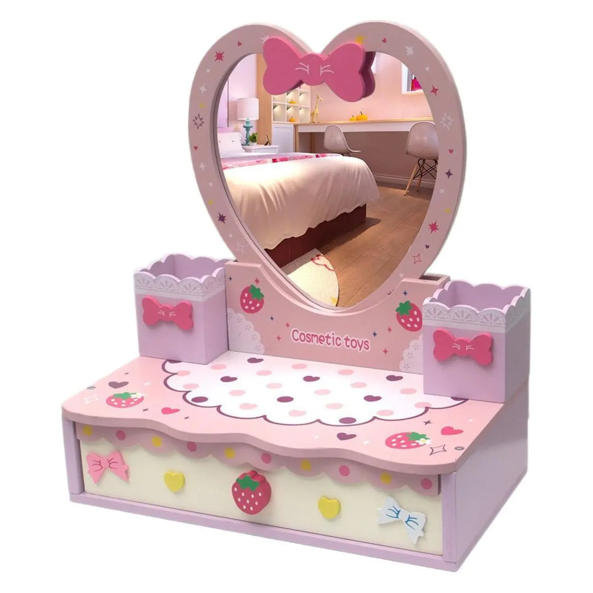 Portable Princess Wooden Drawer Heart Mirror Vanity Set Image - 7
