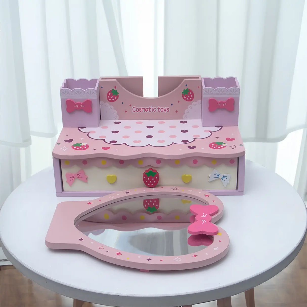 Portable Princess Wooden Drawer Heart Mirror Vanity Set Image - 8