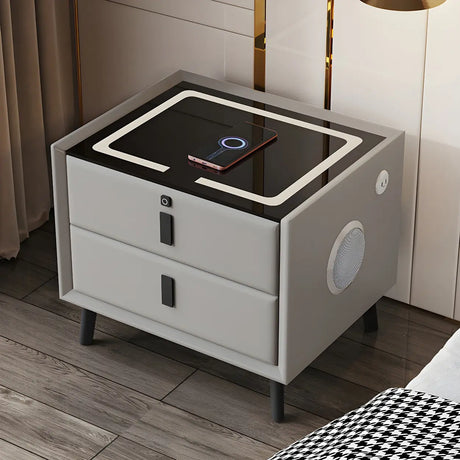 Practical Rectangular Leather Dark Gray Charging Nightstand Image - 2