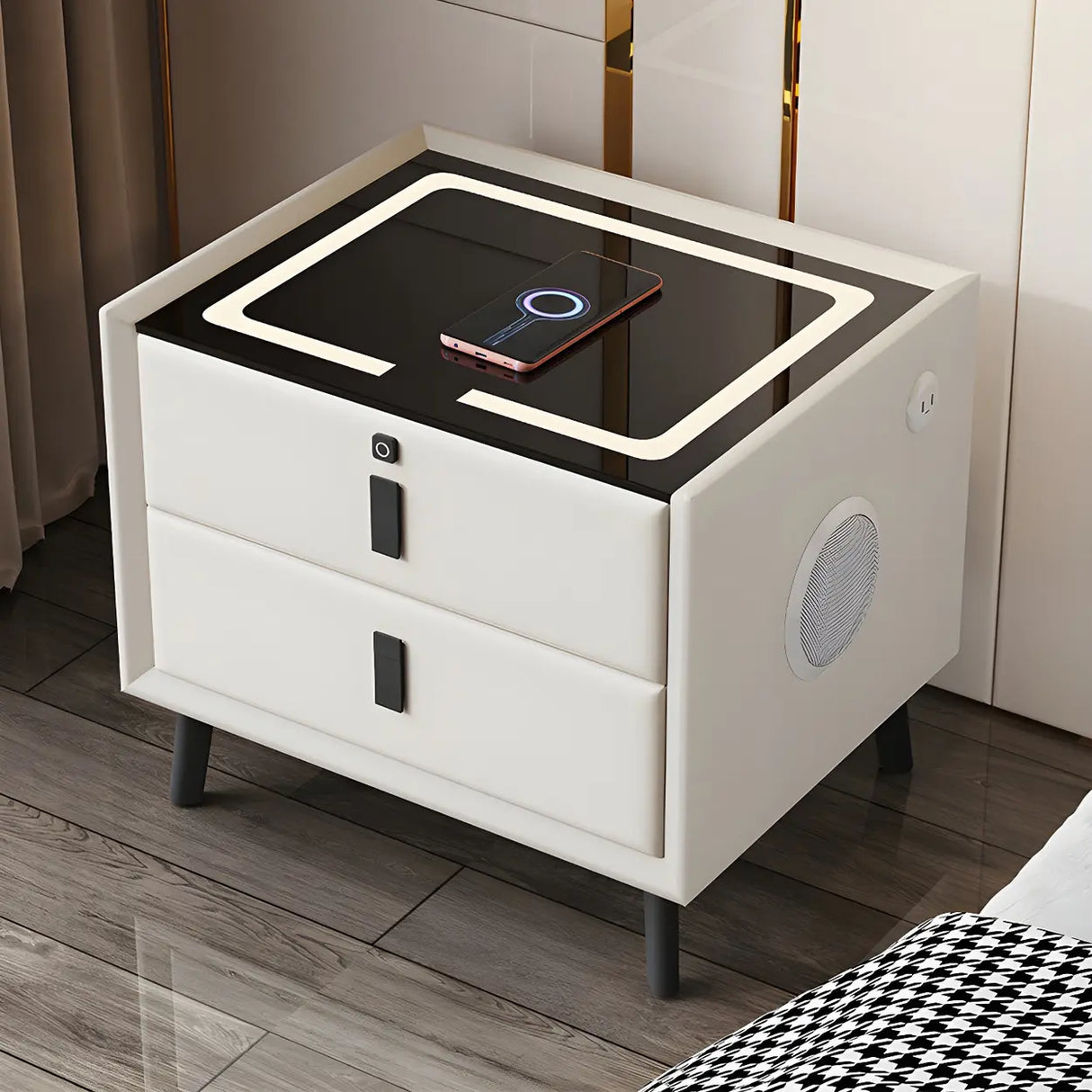 Practical Rectangular Leather Dark Gray Charging Nightstand Image - 3