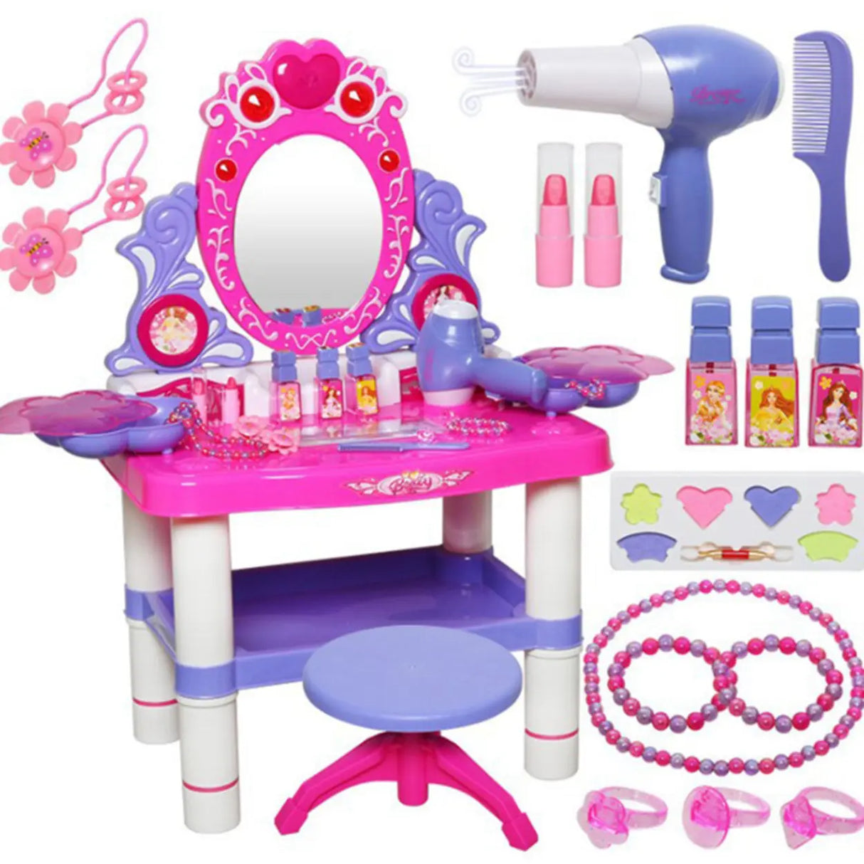 Princess Oval Plastic Pink Kids Vanity with Mirror Storage Image - 5