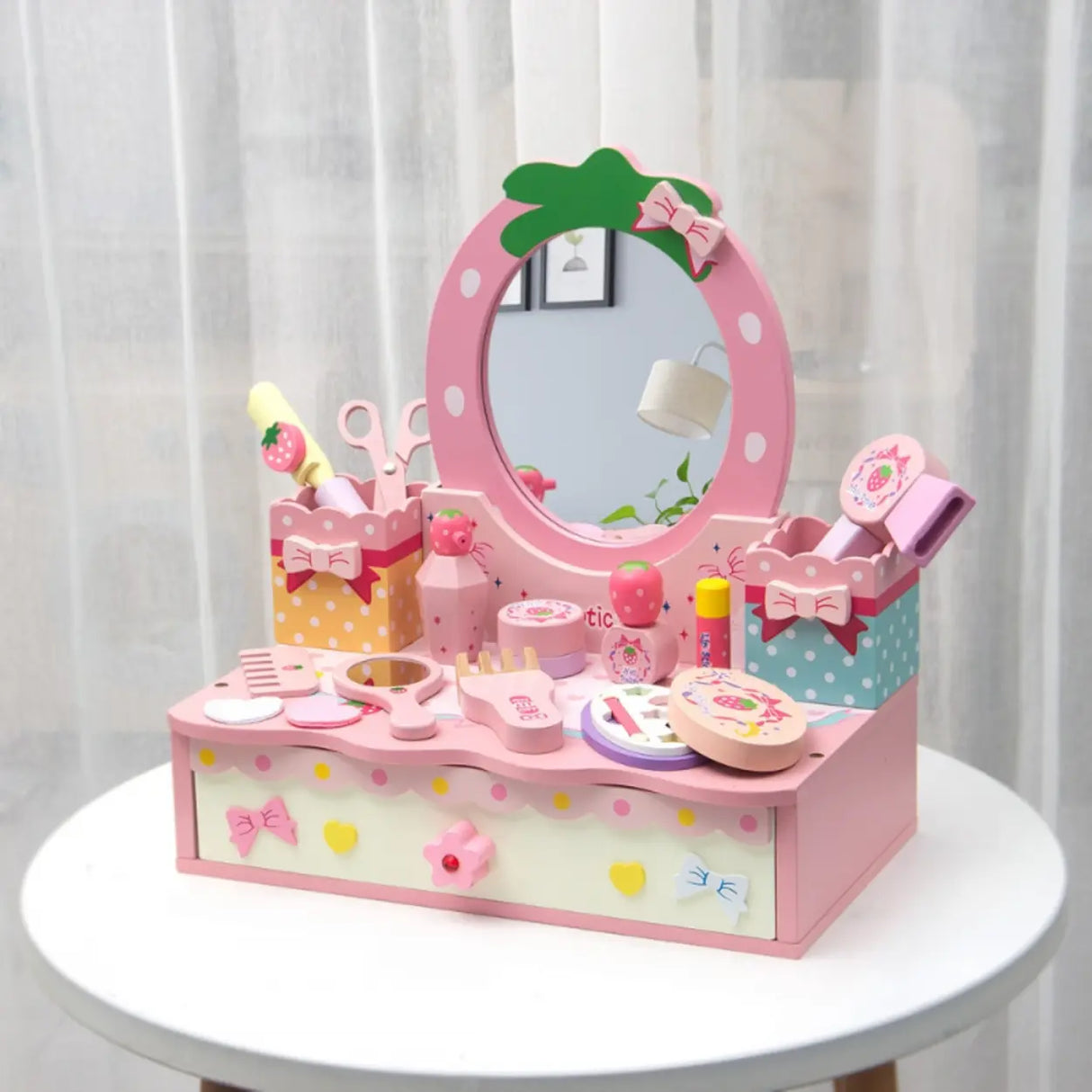 Princess Wooden Oval Mirror Pink Kids Vanity with Storage Image - 1