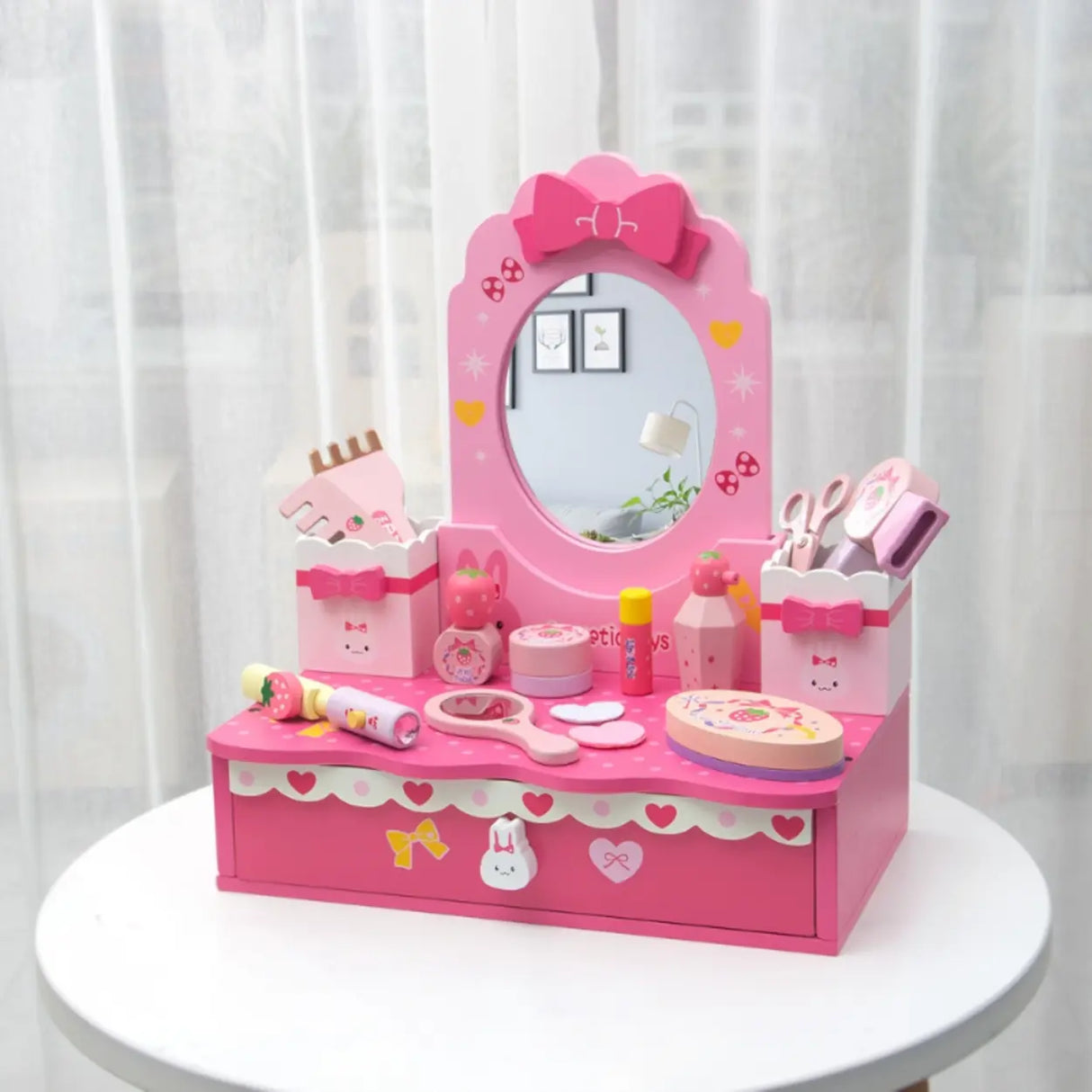Princess Wooden Oval Mirror Pink Kids Vanity with Storage Image - 3