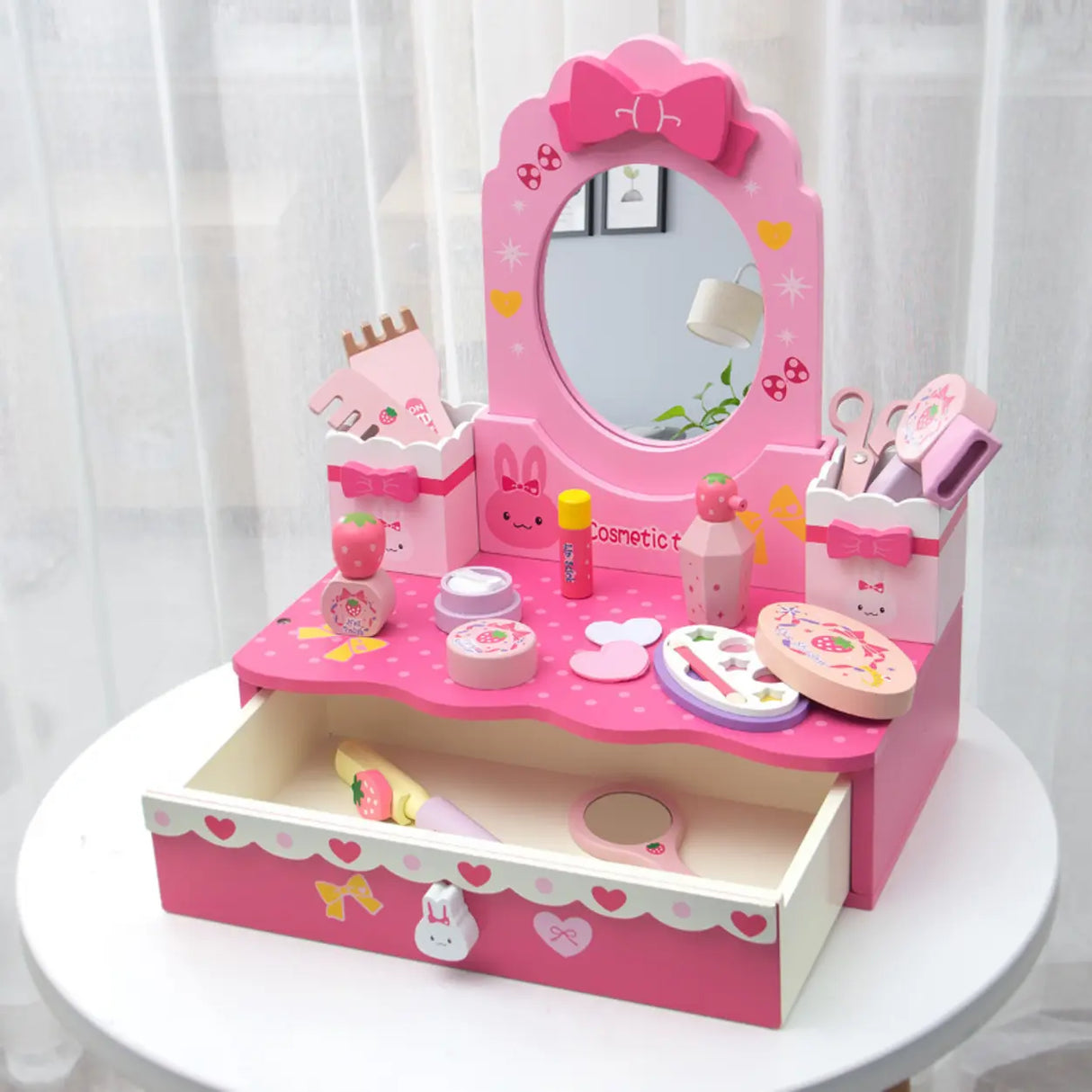 Princess Wooden Oval Mirror Pink Kids Vanity with Storage Image - 5