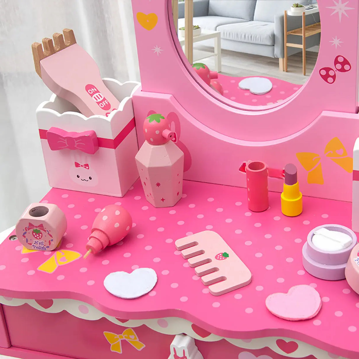 Princess Wooden Oval Mirror Pink Kids Vanity with Storage Image - 7