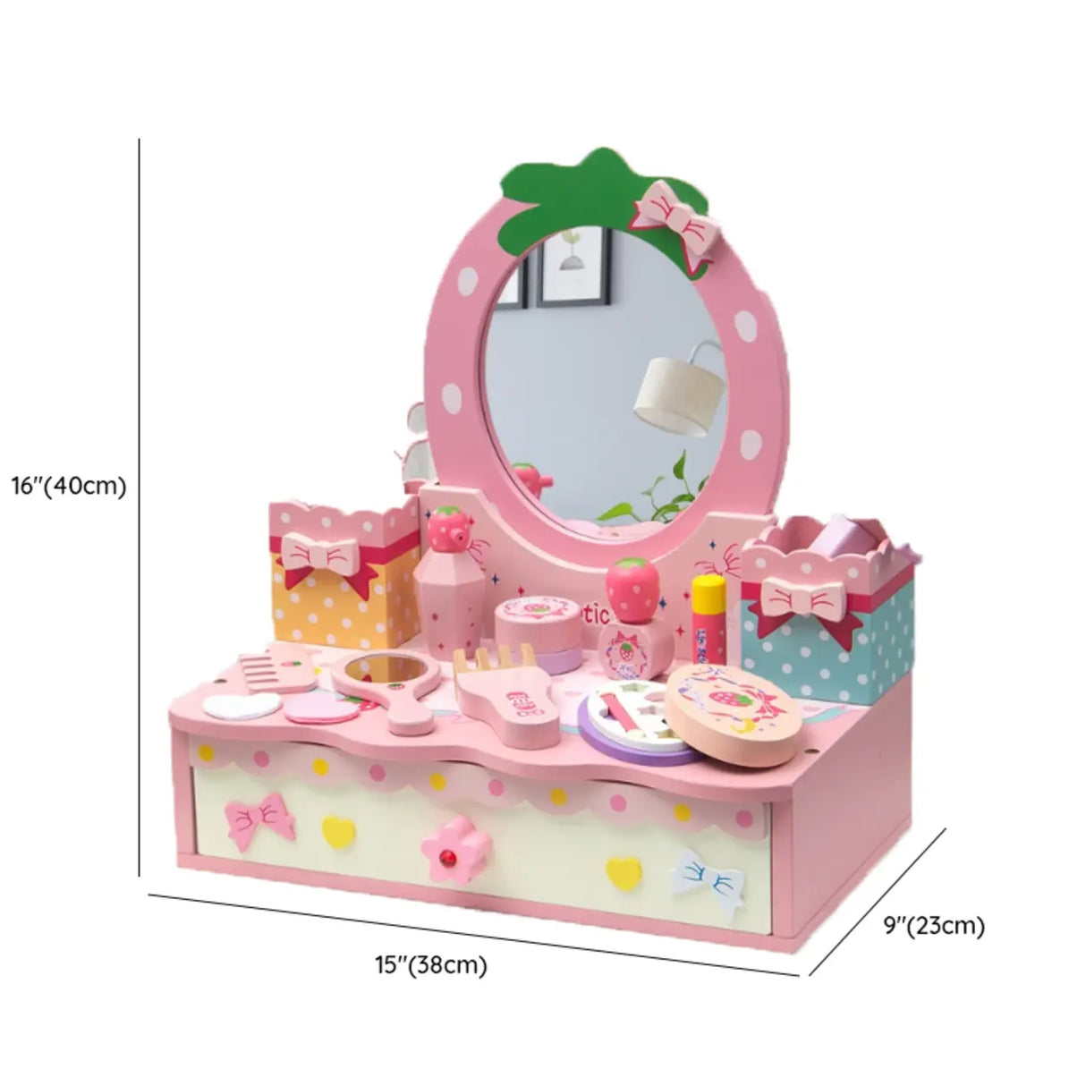 Princess Wooden Oval Mirror Pink Kids Vanity with Storage Image - 9