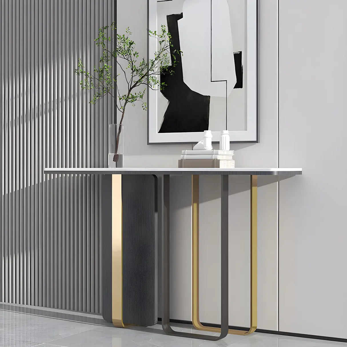 Rectangle Marble Top Abstract Metal Base White Console Table Image - 10