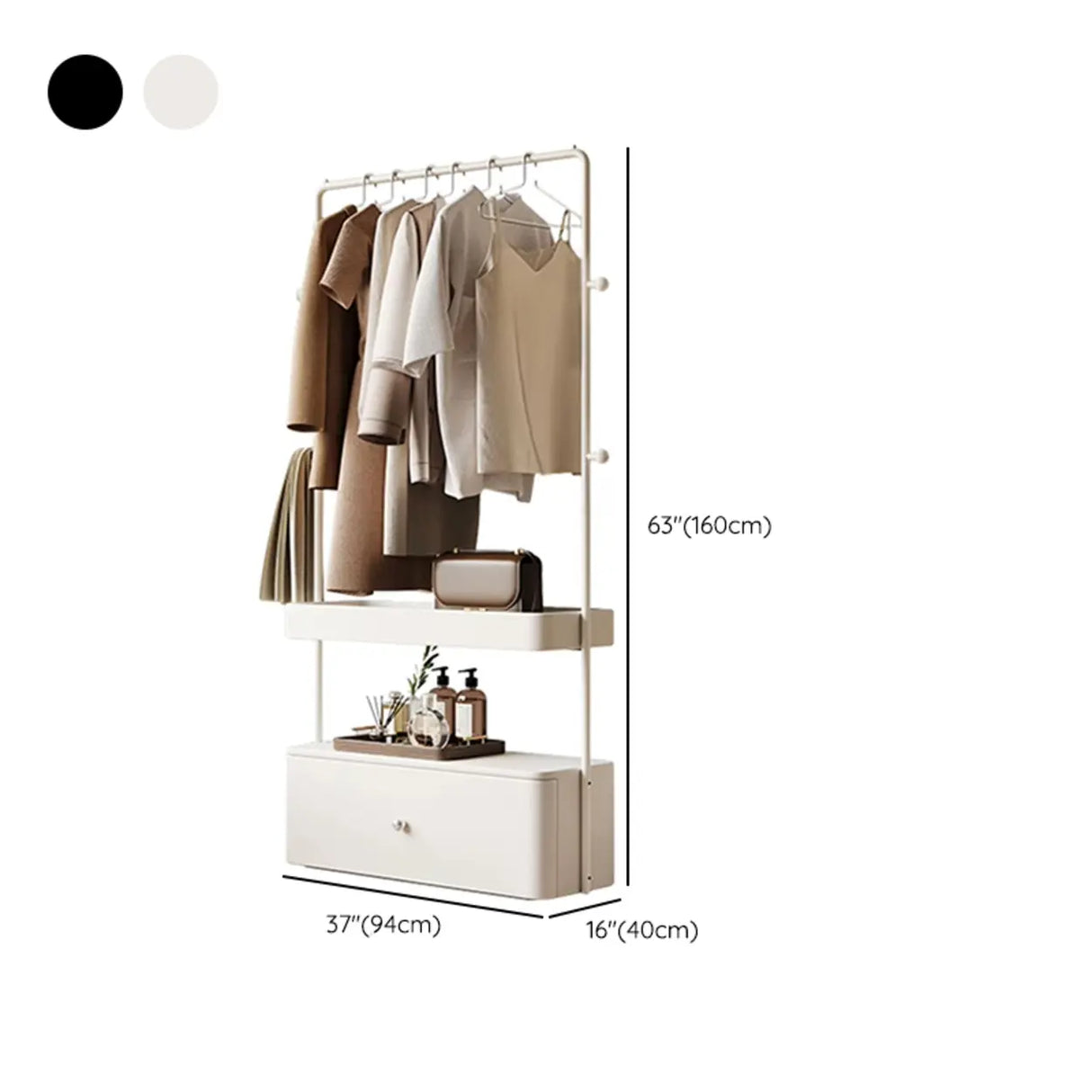 Rectangle Metal Bedroom Off-White Drawers Shelves Coat Rack 