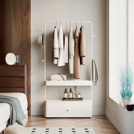 Rectangle Metal Bedroom Off-White Drawers Shelves Coat Rack Image - 1