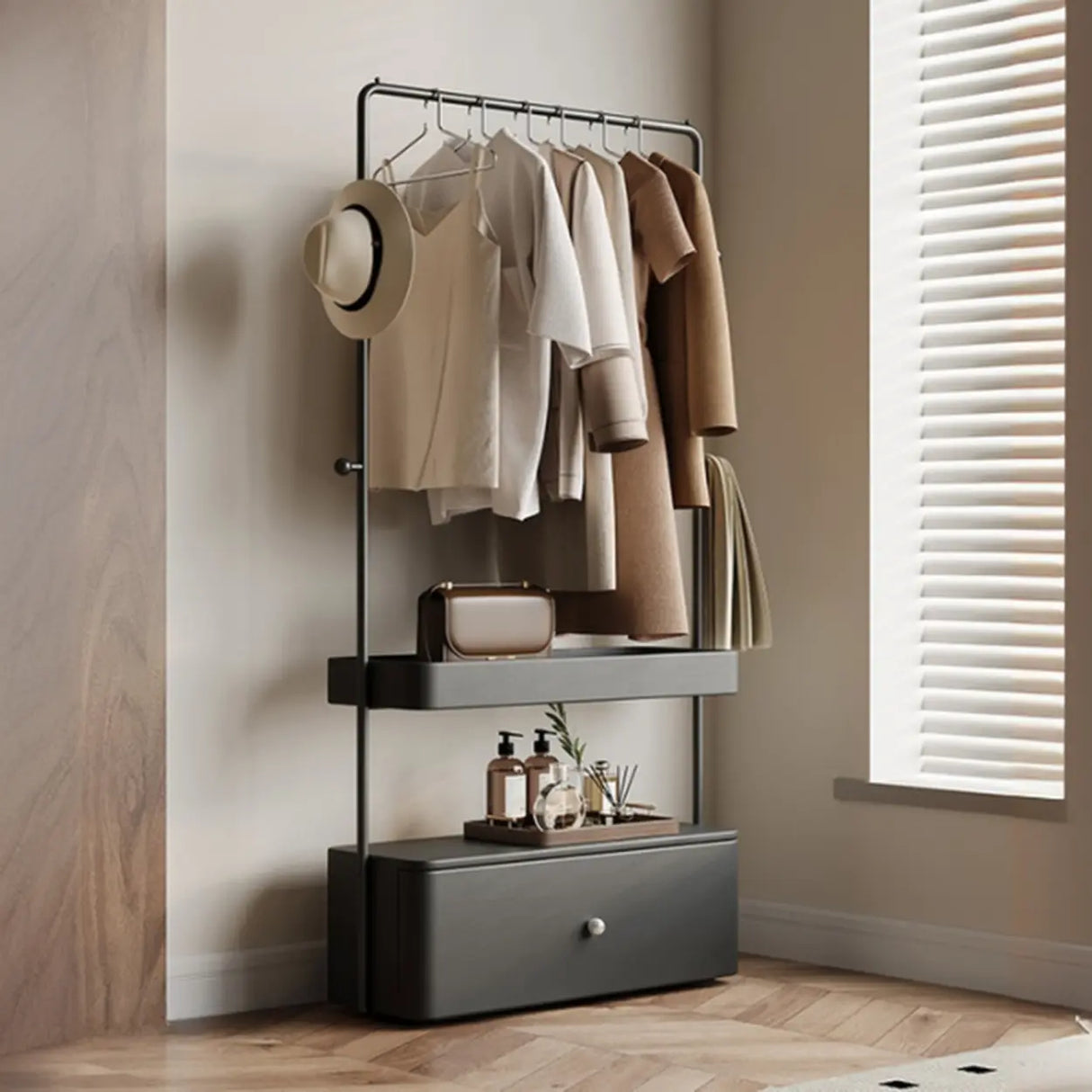 Rectangle Metal Bedroom Off-White Drawers Shelves Coat Rack Image - 4