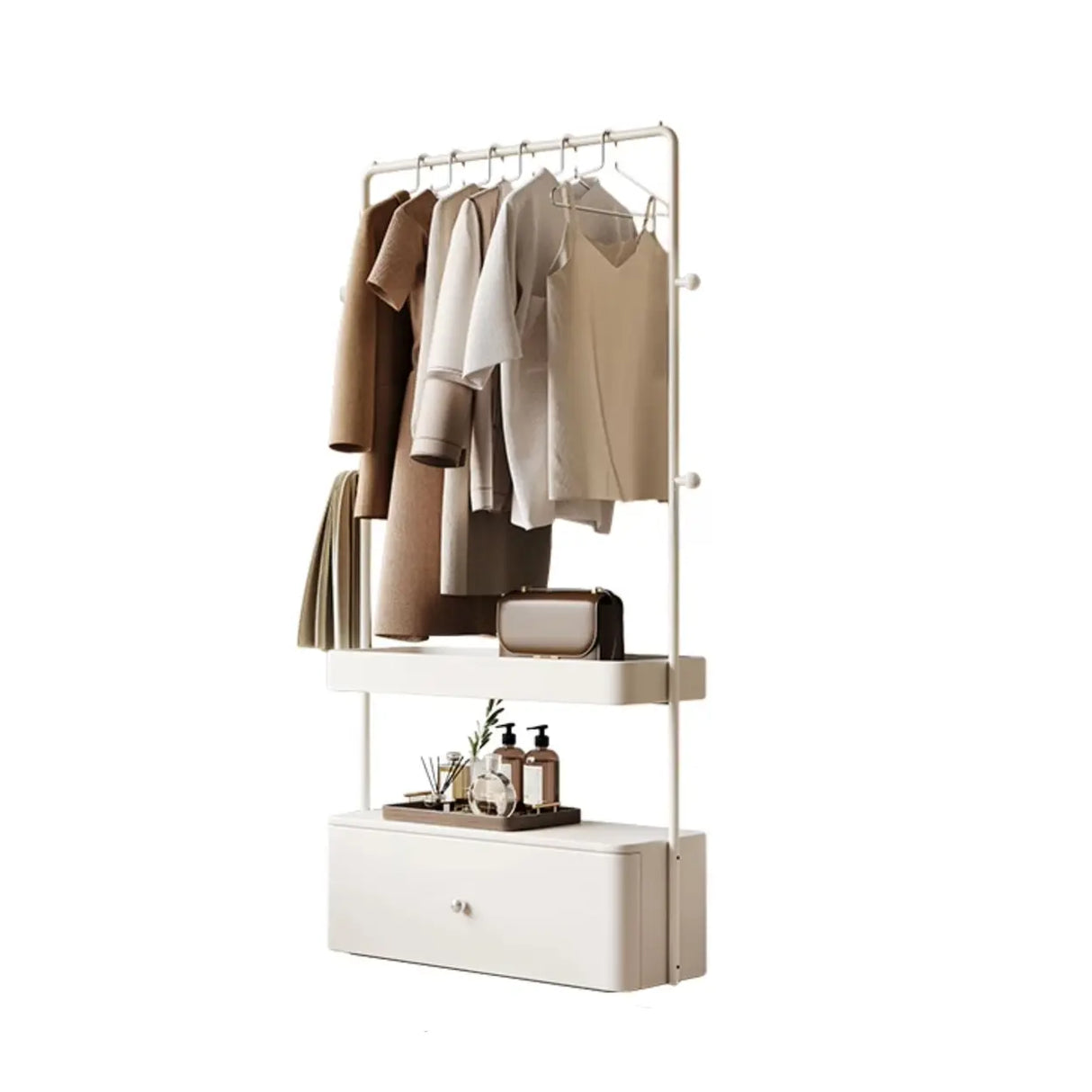 Rectangle Metal Bedroom Off-White Drawers Shelves Coat Rack Image - 5