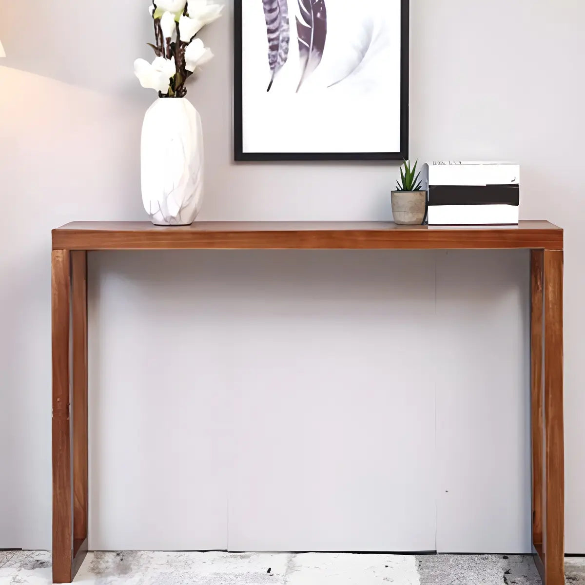 Rectangle Pine Caramel Storage Console Table with Shelves Image - 13