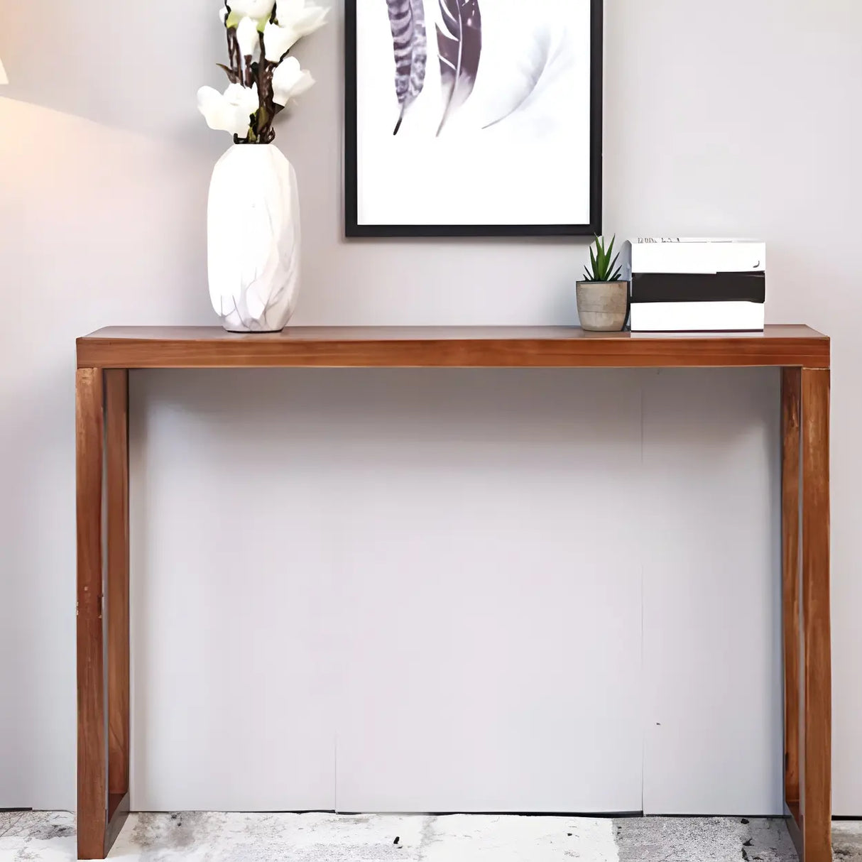 Rectangle Pine Caramel Storage Console Table with Shelves Image - 13