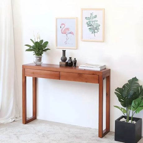 Rectangle Pine Caramel Storage Console Table with Shelves Image - 2