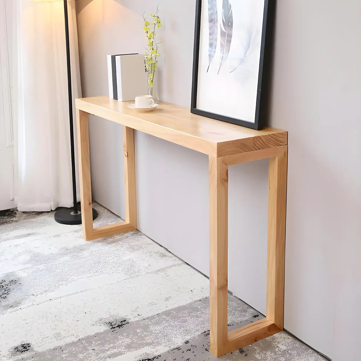 Rectangle Pine Caramel Storage Console Table with Shelves Image - 3