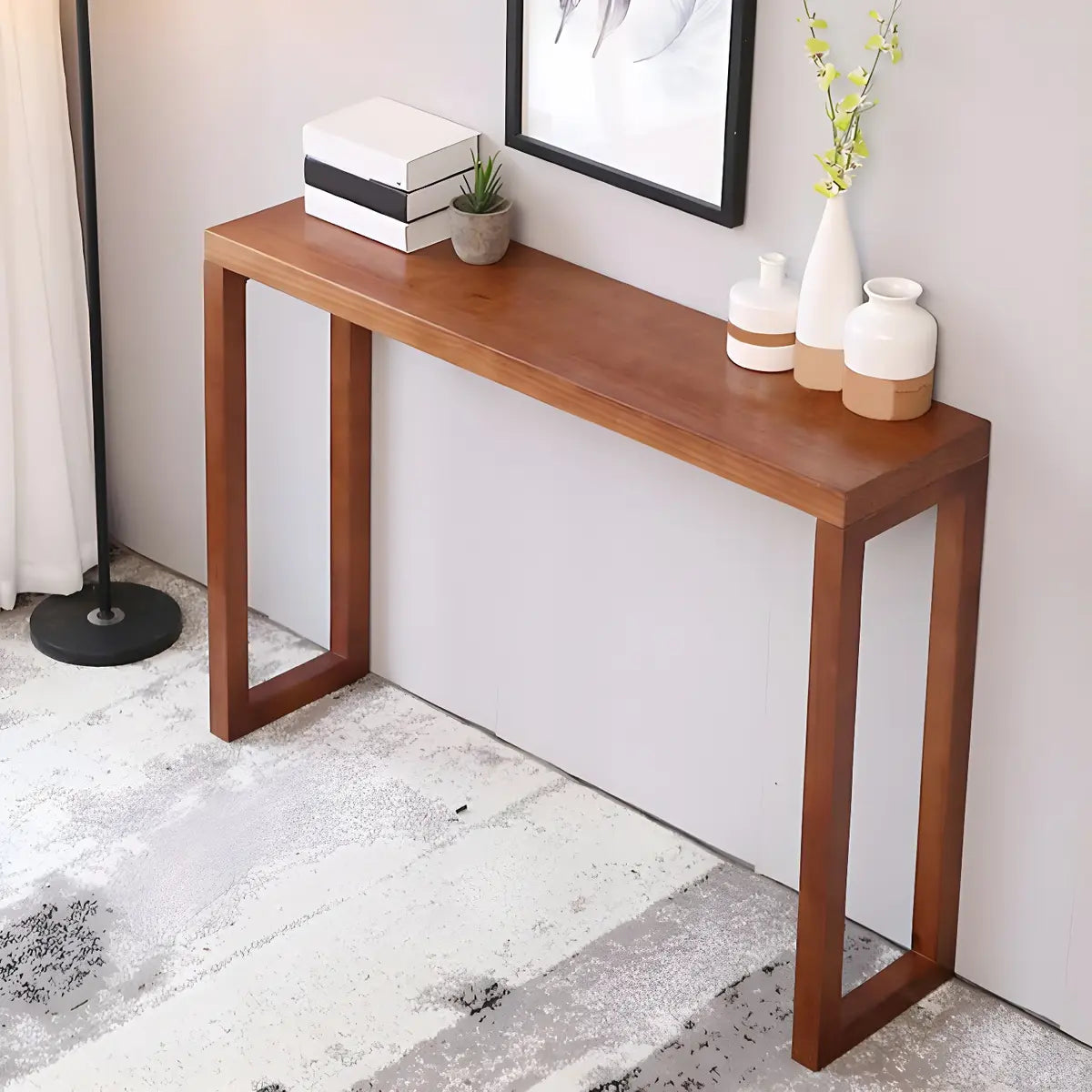Rectangle Pine Caramel Storage Console Table with Shelves Image - 4