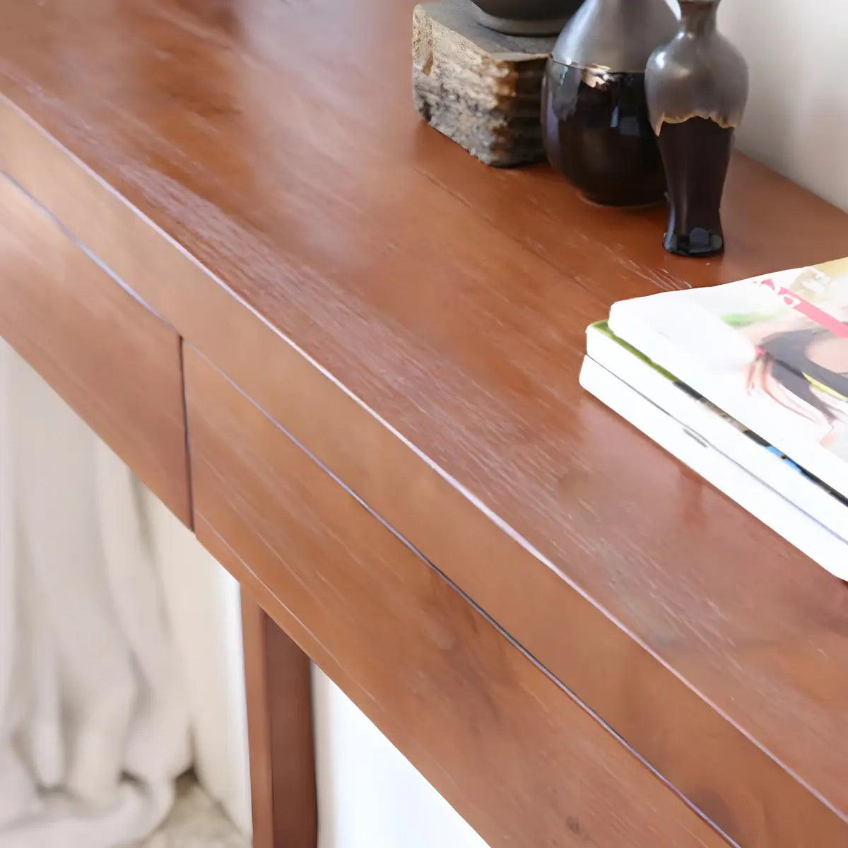 Rectangle Pine Caramel Storage Console Table with Shelves Image - 9