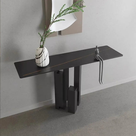 Rectangle Stone Iron Abstract Base Black Console Table Image - 1