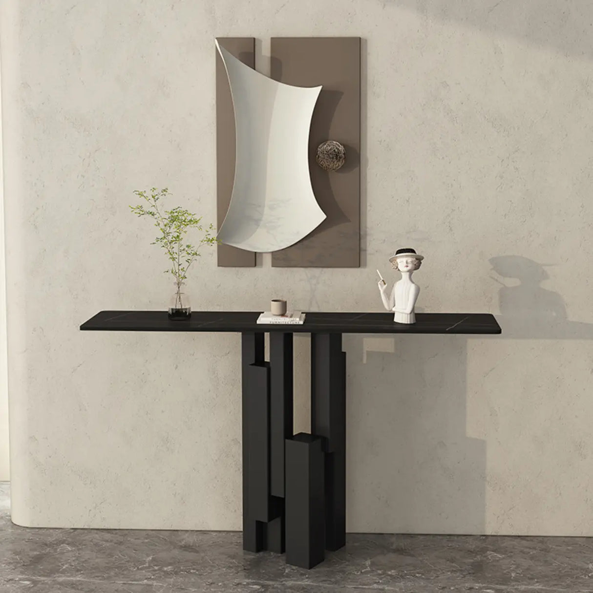 Rectangle Stone Iron Abstract Base Black Console Table Image - 2