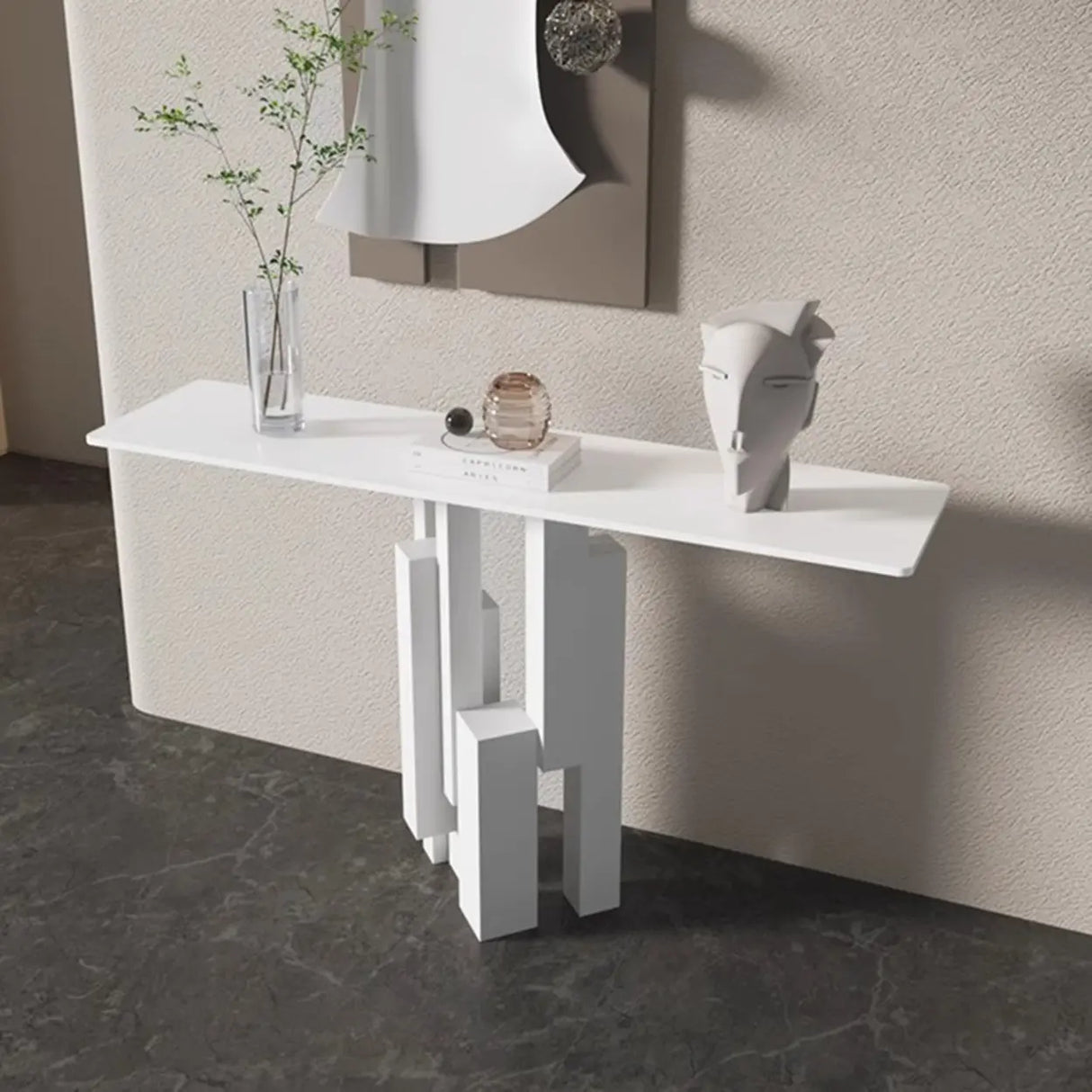 Rectangle Stone Iron Abstract Base Black Console Table Image - 4