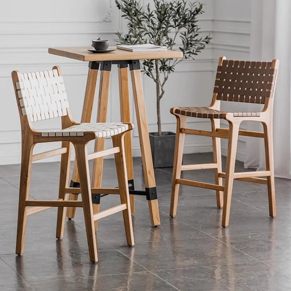 Rectangle Wood Leather Woven Bar Stool with Footrest – Homebaa