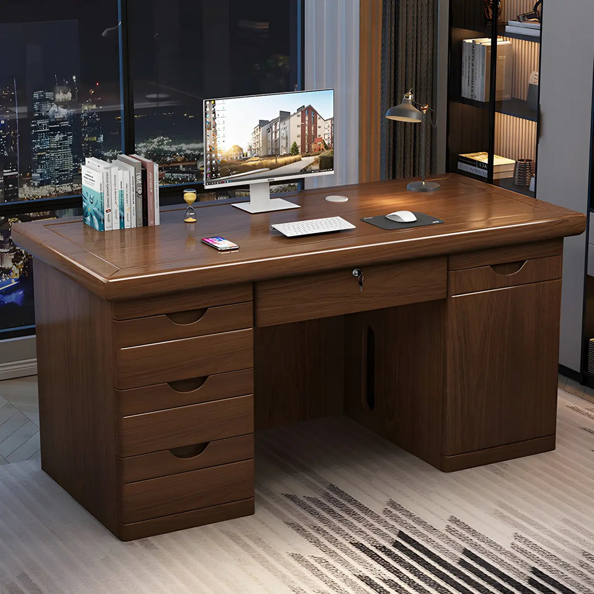 Rectangle Wood Sled Base Executive Desk with Cabinet Image - 10