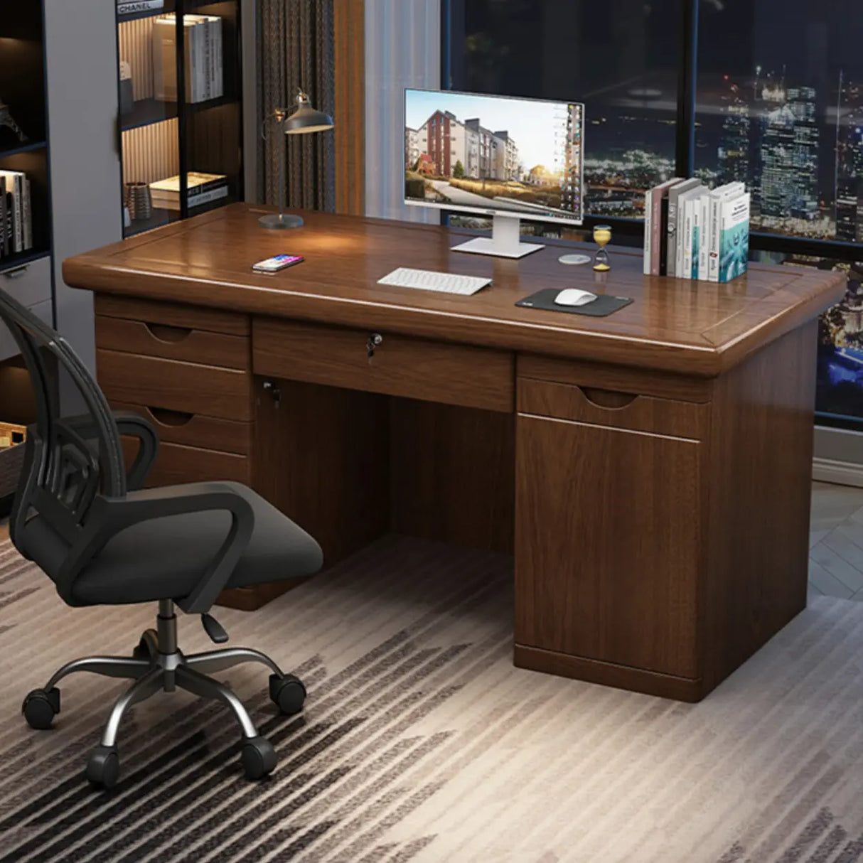 Rectangle Wood Sled Base Executive Desk with Cabinet Image - 11