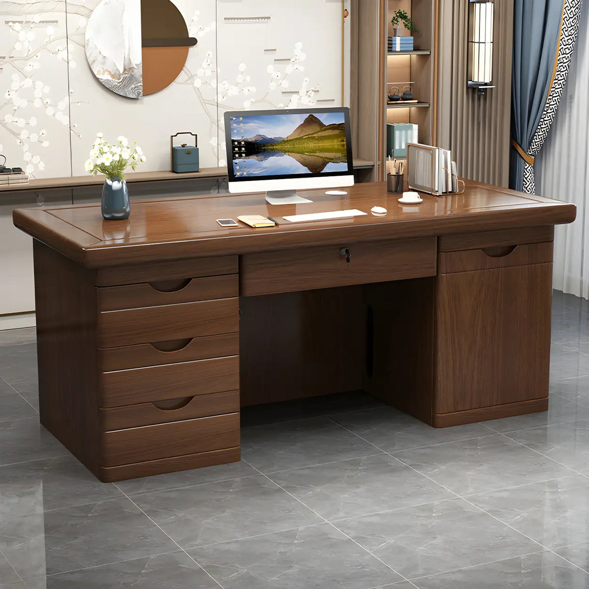 Rectangle Wood Sled Base Executive Desk with Cabinet Image - 3