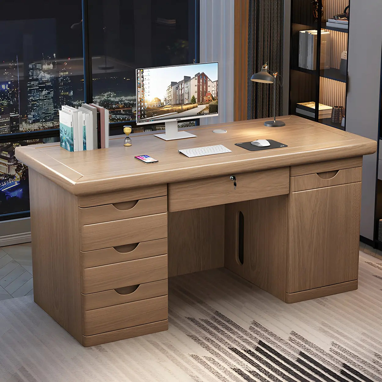 Rectangle Wood Sled Base Executive Desk with Cabinet Image - 4