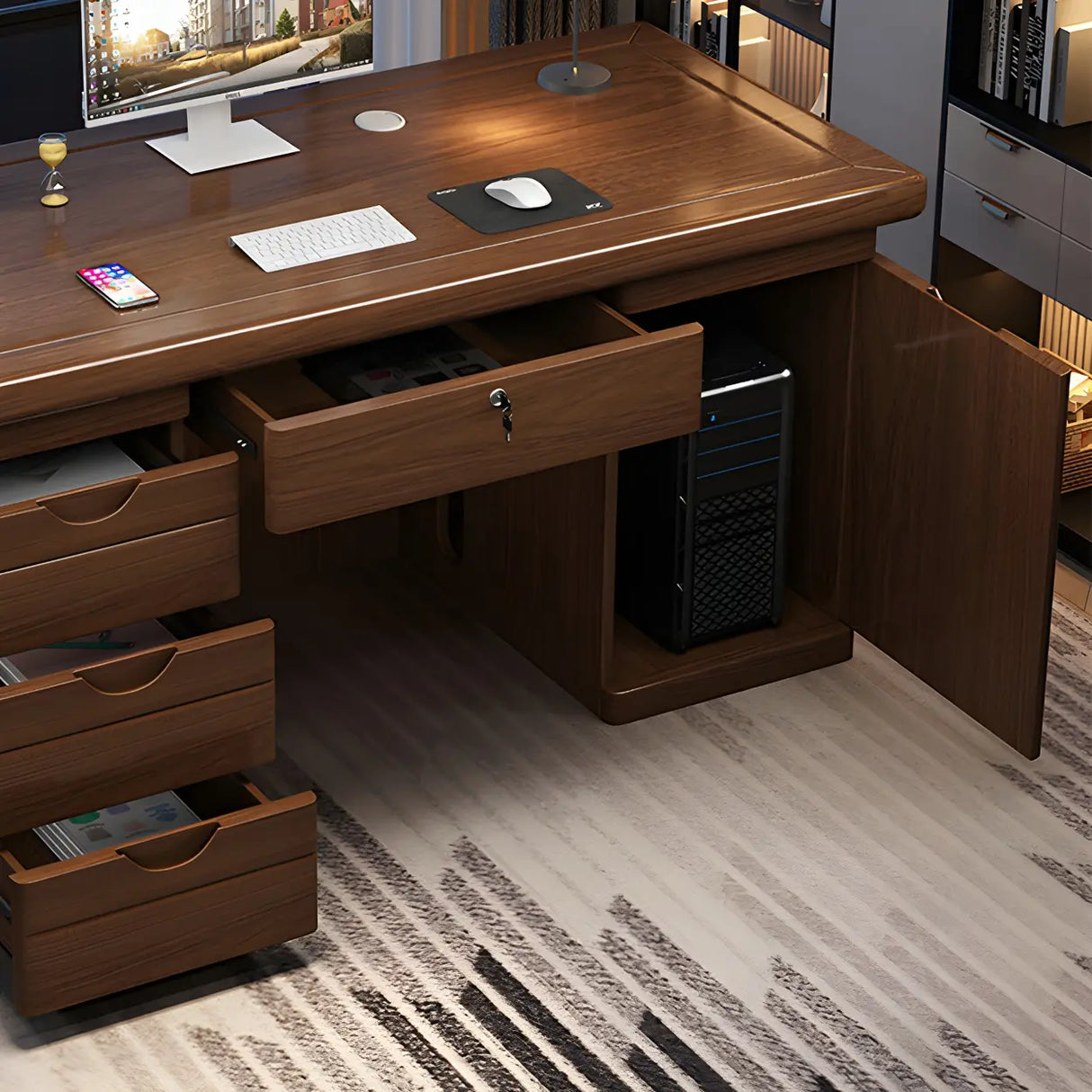 Rectangle Wood Sled Base Executive Desk with Cabinet Image - 9