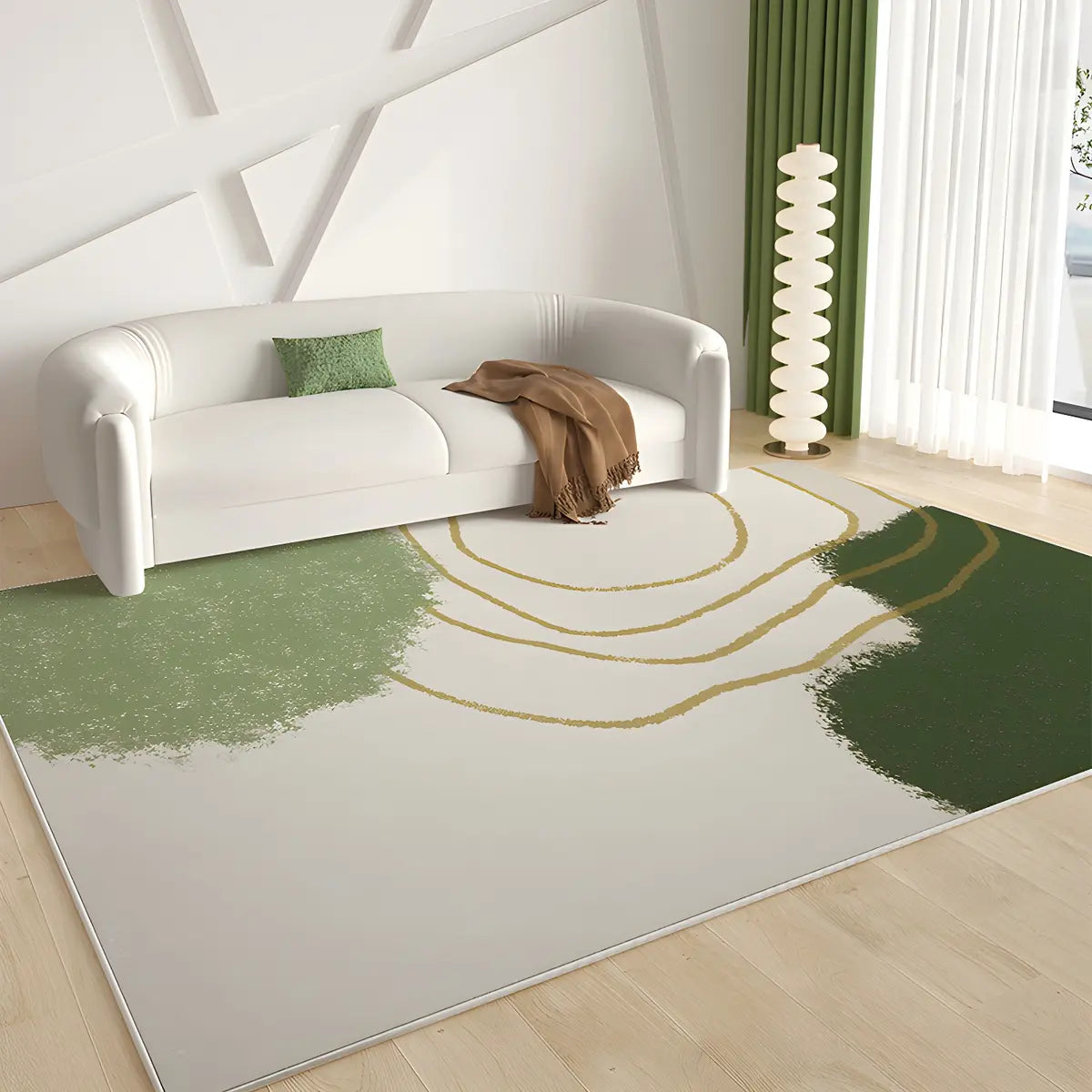 Rectangular Abstract Beige-Green Polyester Area Rug Image - 1