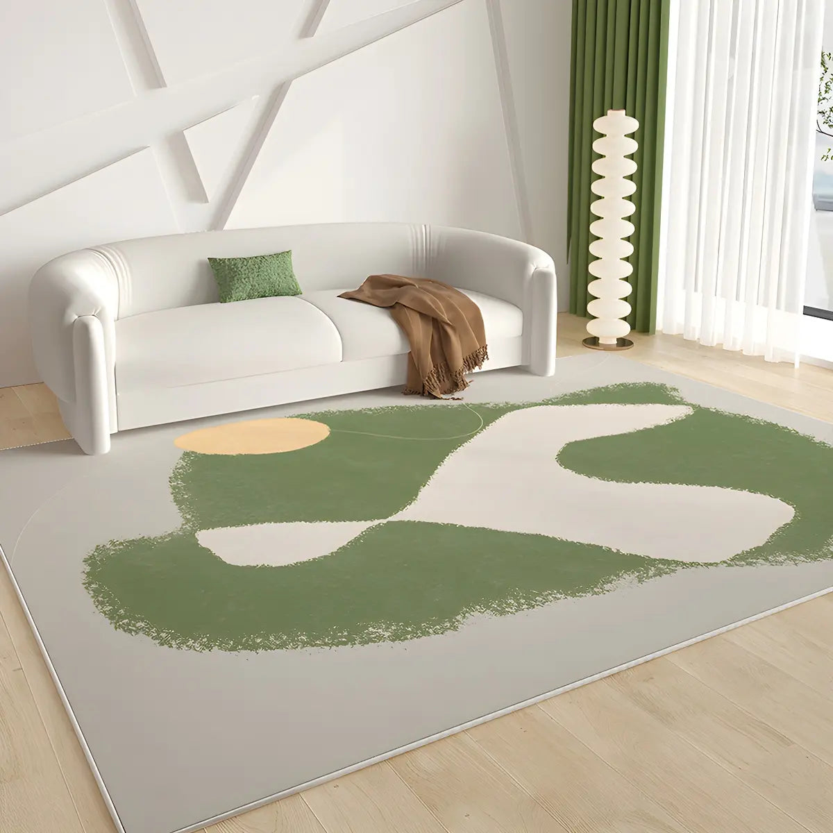Rectangular Abstract Beige-Green Polyester Area Rug Image - 4