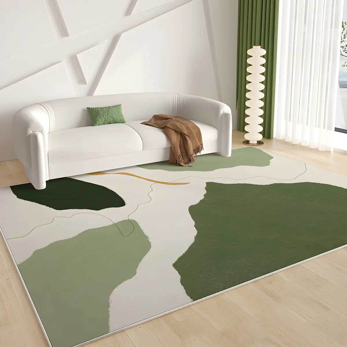 Rectangular Abstract Beige-Green Polyester Area Rug Image - 5
