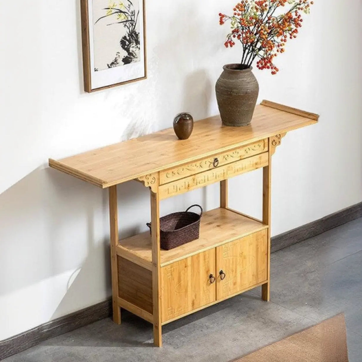 Rectangular Bamboo Natural Hall Storage Console Table Image - 3