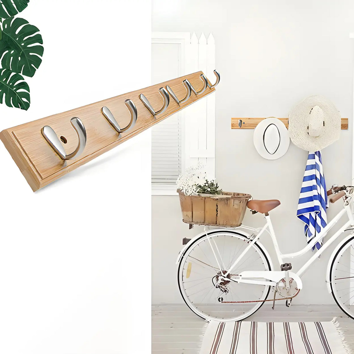 Rectangular Bamboo Wood Wall-Mounted Coat Rack with Hooks Image - 21
