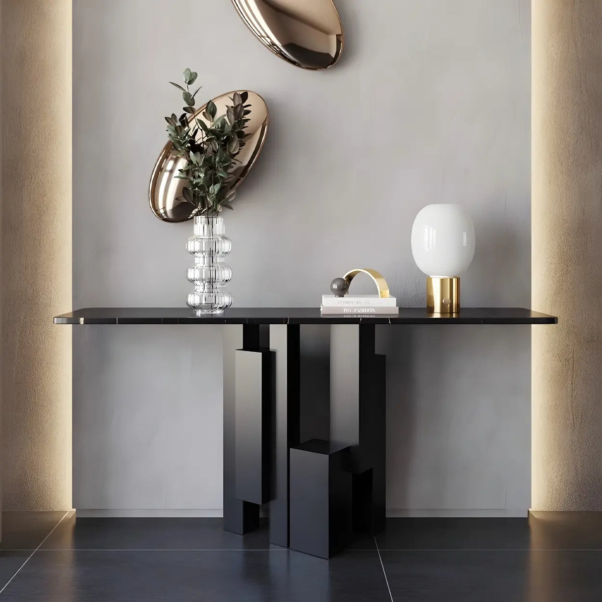 Rectangular Black Stone Abstract Metal Base Console Table Image - 1
