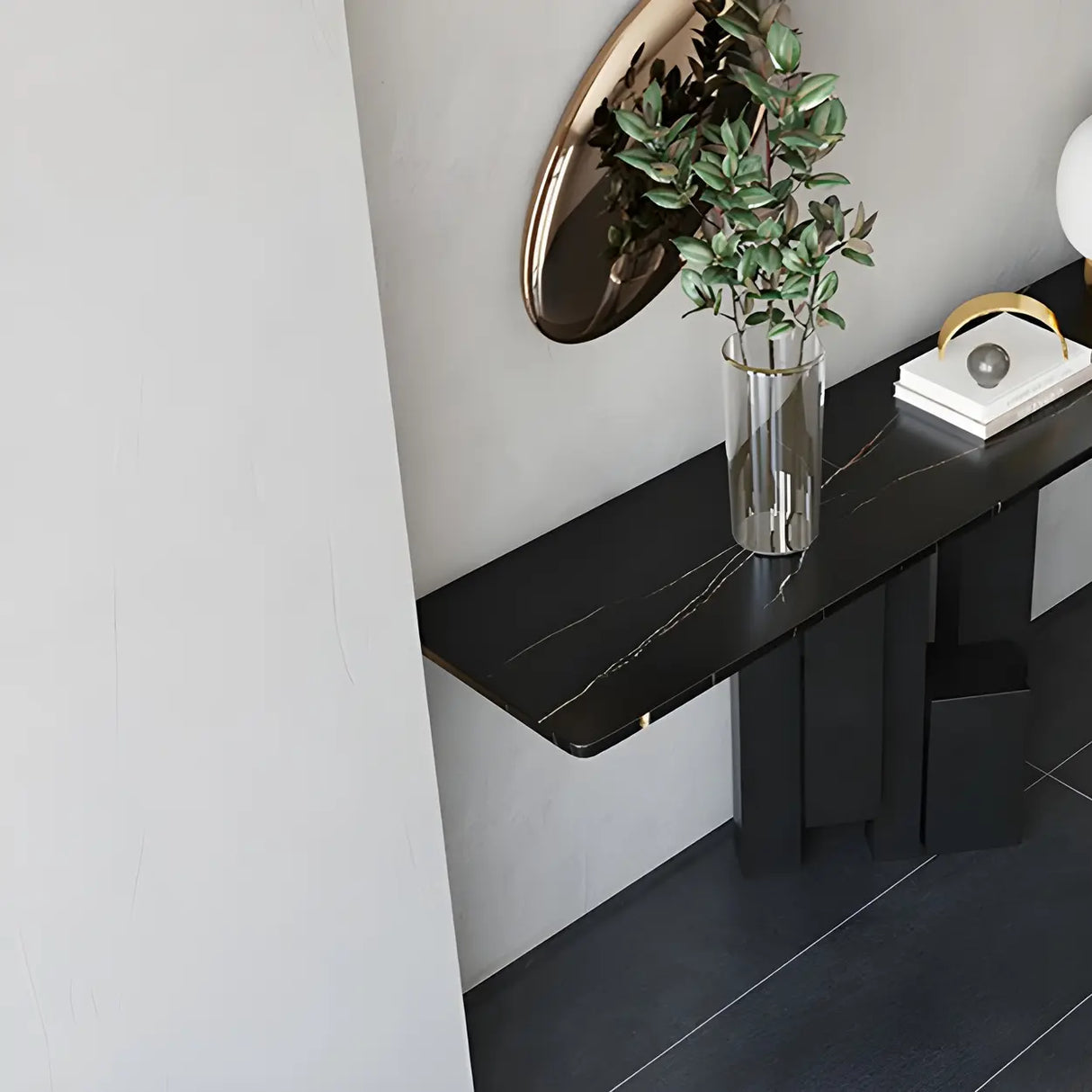 Rectangular Black Stone Abstract Metal Base Console Table Image - 10