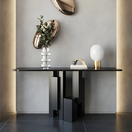 Rectangular Black Stone Abstract Metal Base Console Table Image - 2
