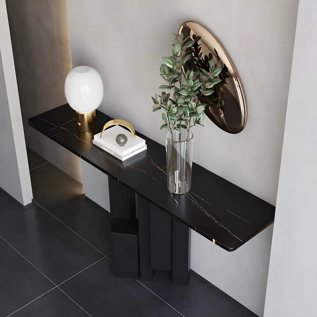 Rectangular Black Stone Abstract Metal Base Console Table Image - 11