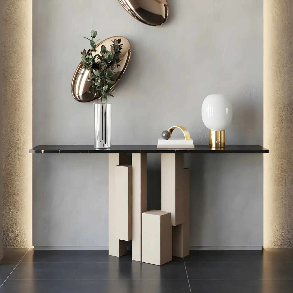 Rectangular Black Stone Abstract Metal Base Console Table Image - 3