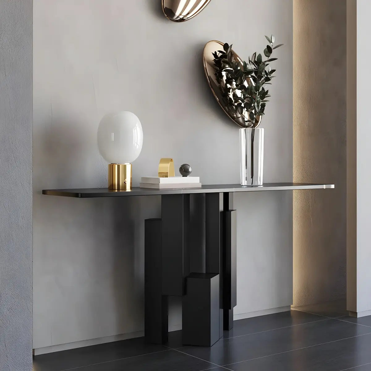 Rectangular Black Stone Abstract Metal Base Console Table Image - 12