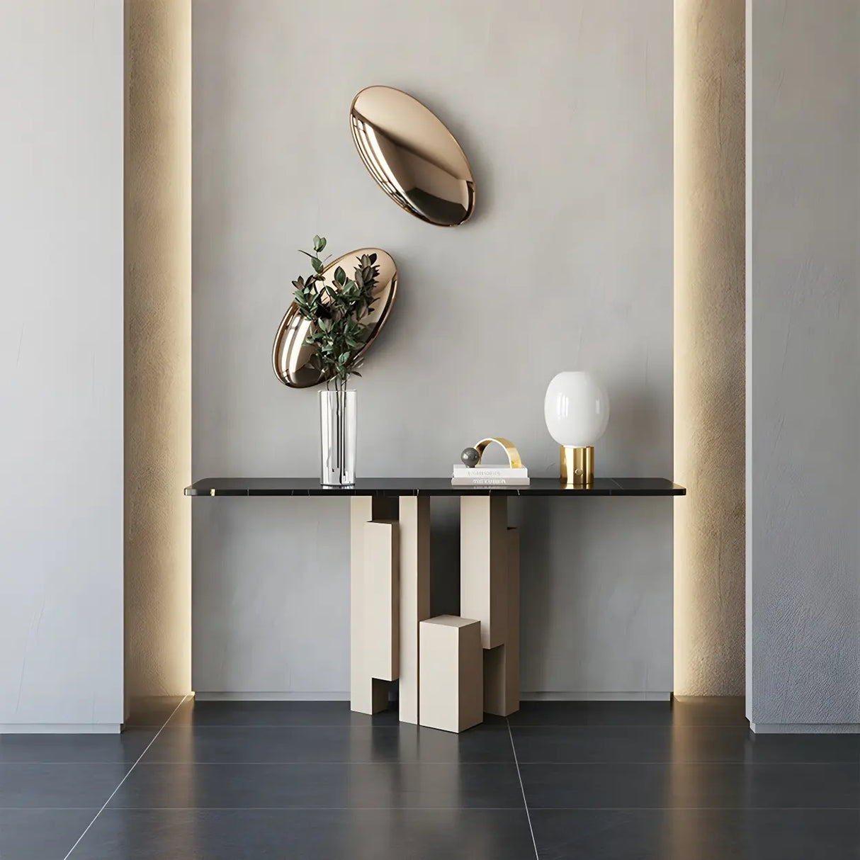 Rectangular Black Stone Abstract Metal Base Console Table Image - 4