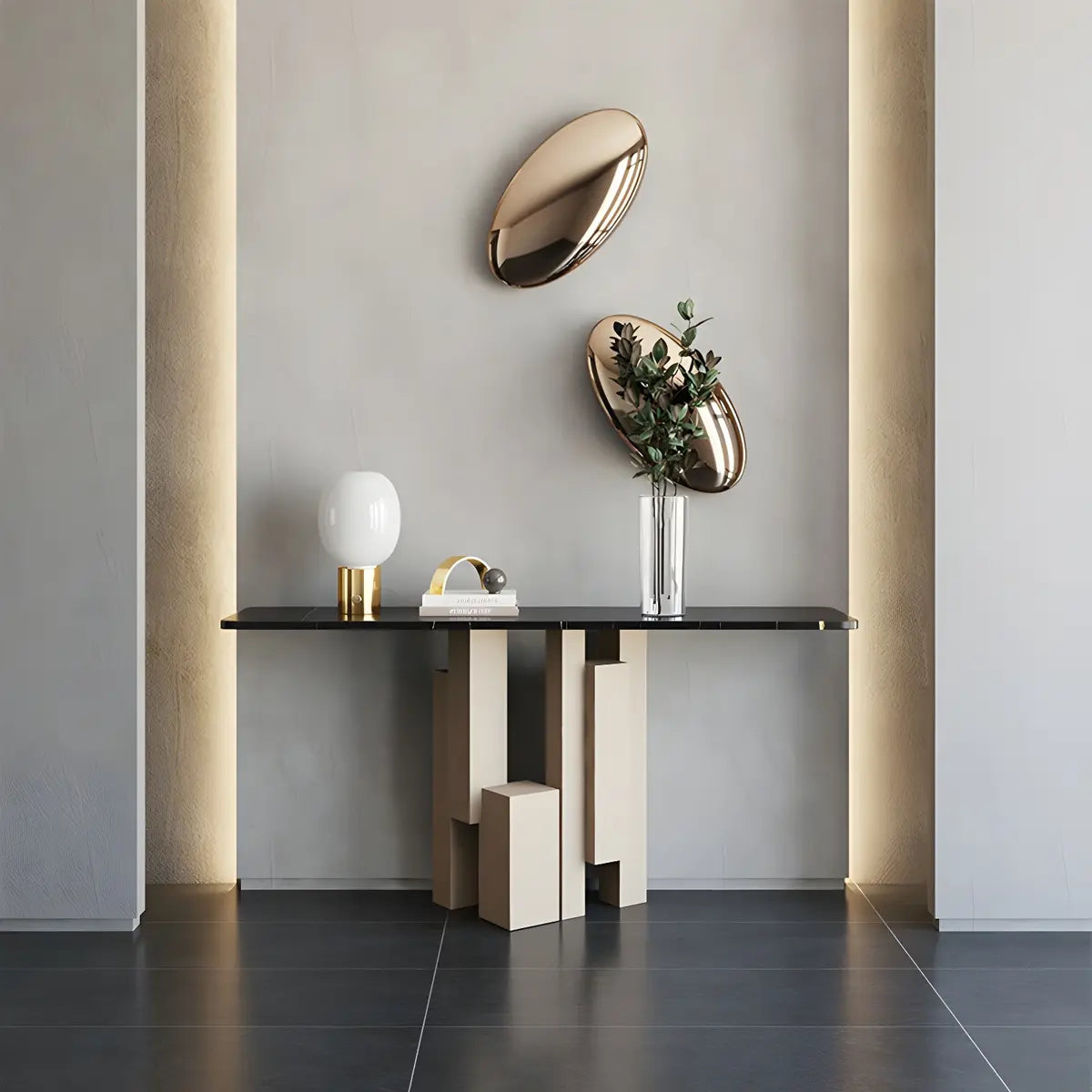 Rectangular Black Stone Abstract Metal Base Console Table Image - 13